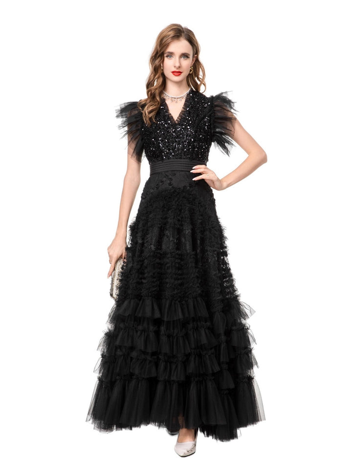 tiered tulle gown with sequin bodice and ruffled sleeves – CELESTE