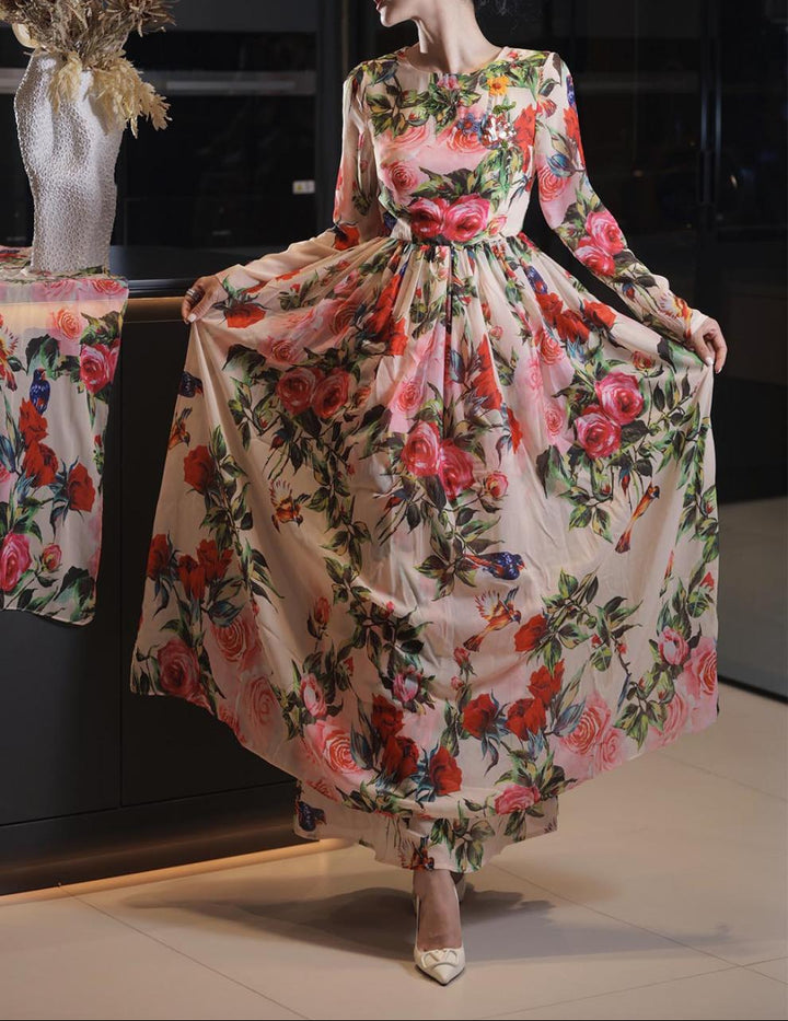 long-sleeve floral chiffon gown with pleated skirt – AMORA