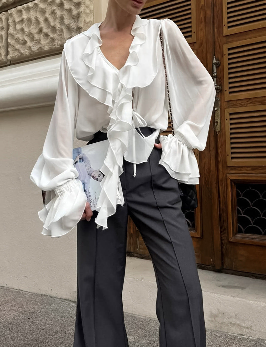 ruffled V-neck chiffon blouse with cascading layers – JULIETTE