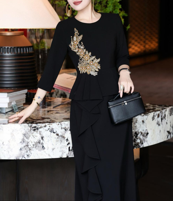 embellished peplum dress with cascading ruffle skirt – NOIR