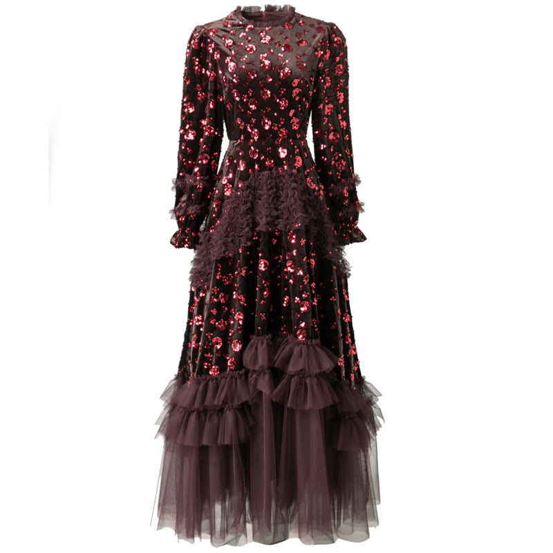 velvet sequin gown with layered tulle hem – MARCELLINA