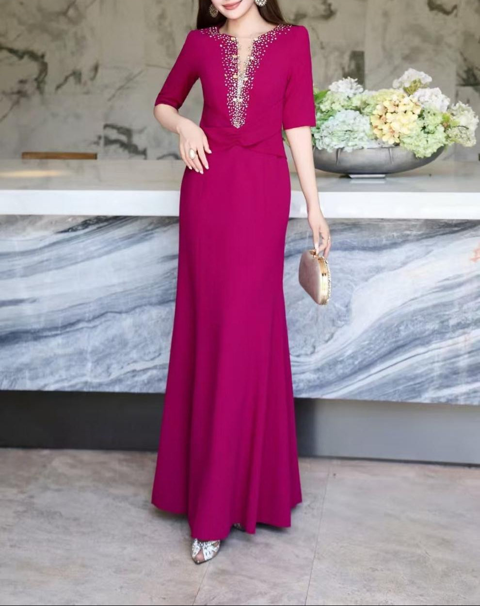 embellished deep-V mermaid dress – MAGENTA LUXE