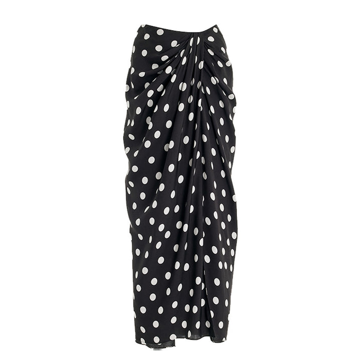 off-shoulder contrast swimsuit with polka dot wrap skirt – POLKA