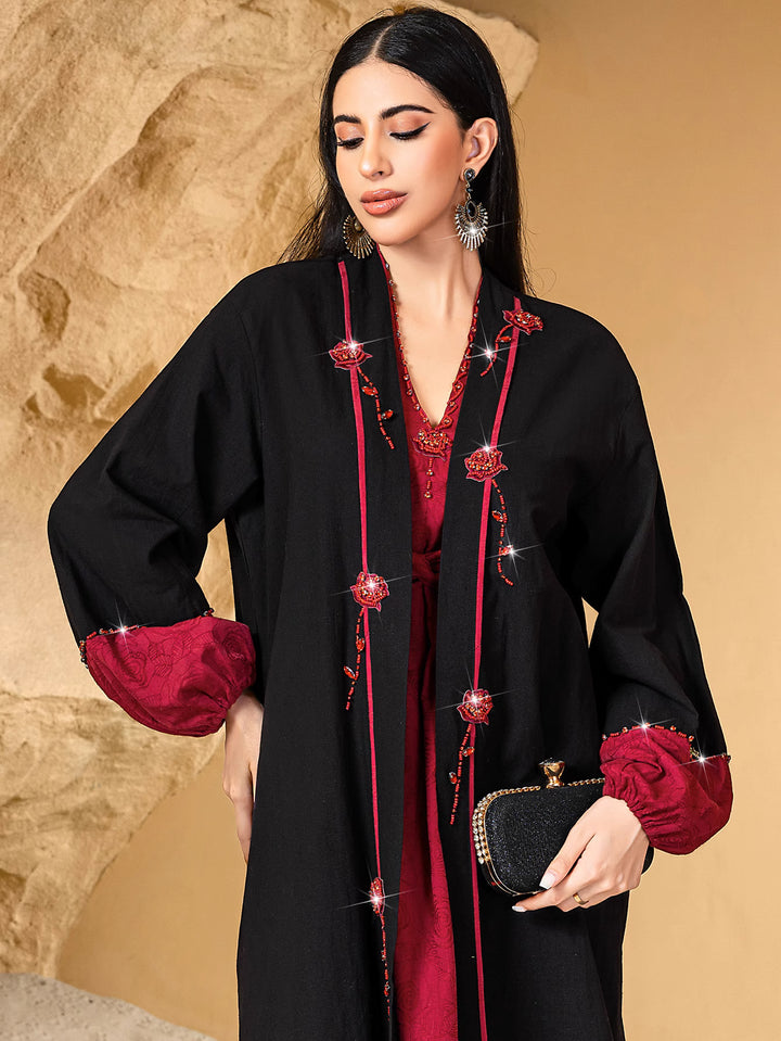short-sleeve jacquard dress with open abaya - AMARAK