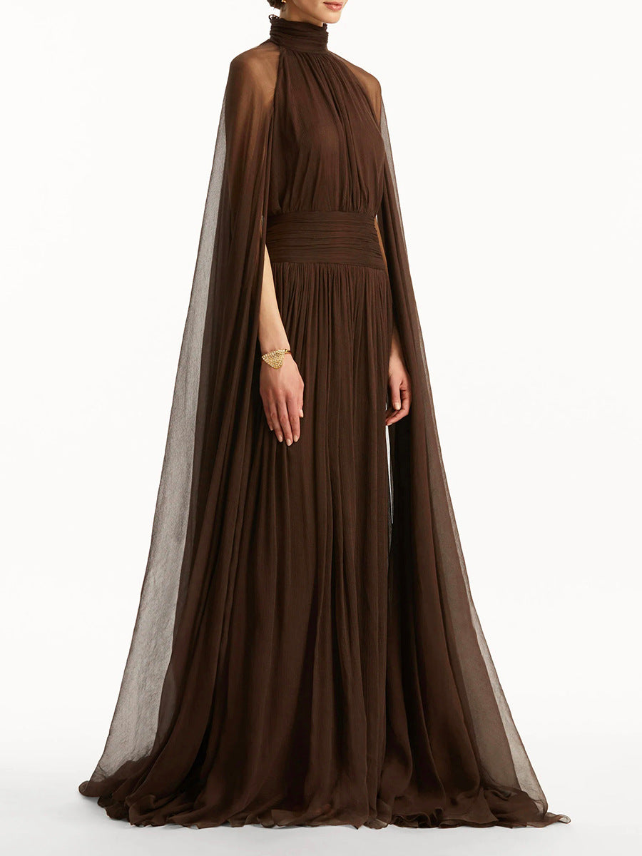 high-neck gown with sheer cape overlay – NOIRIPU