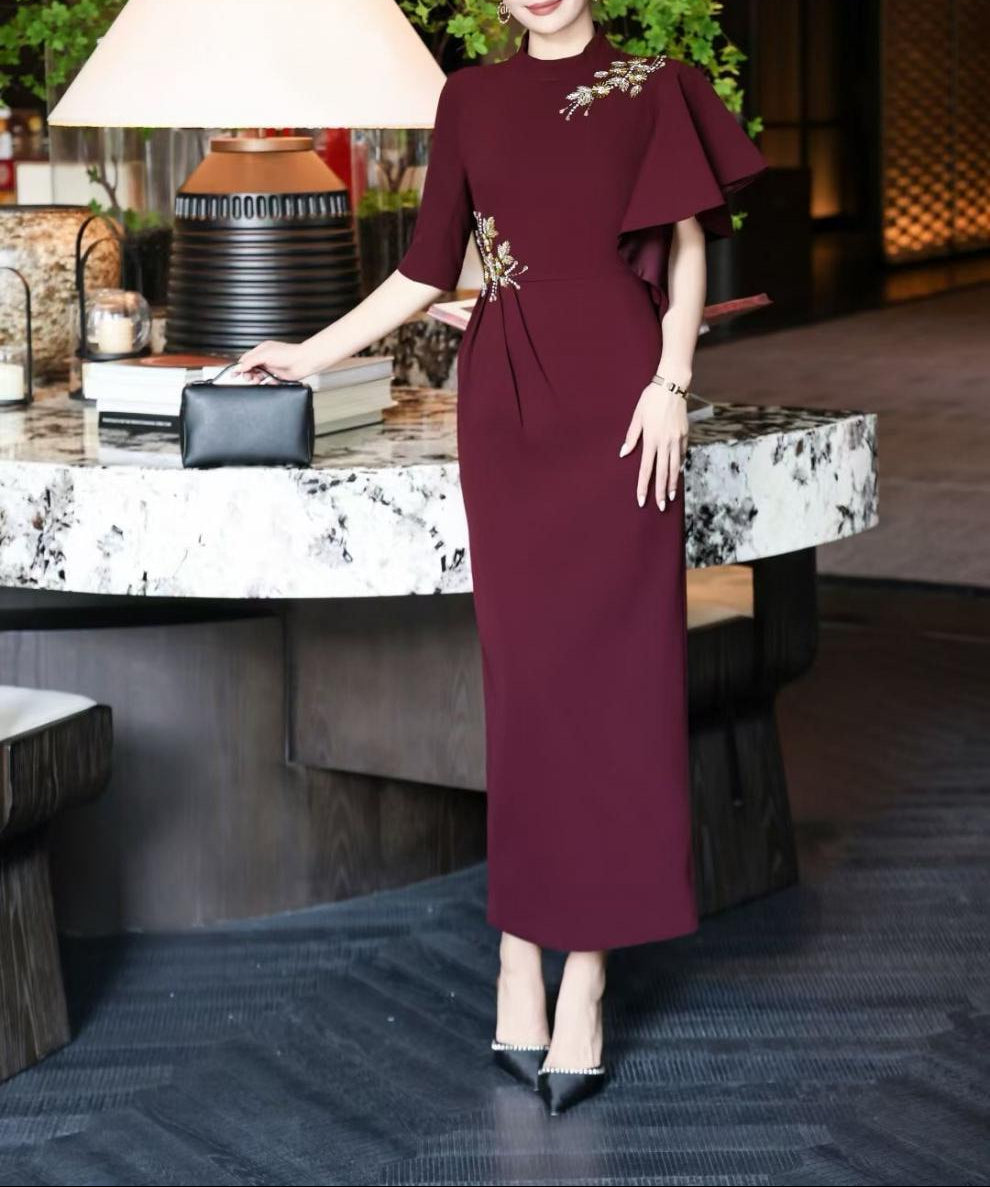 asymmetric sleeve gown with gold floral embellishments – RIVERA