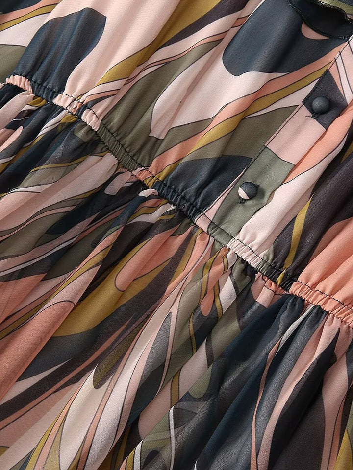 printed chiffon maxi dress with ruffled neckline – ELLORA