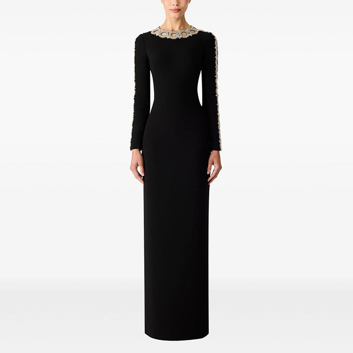long-sleeve column dress with embellished neckline – AUREANU