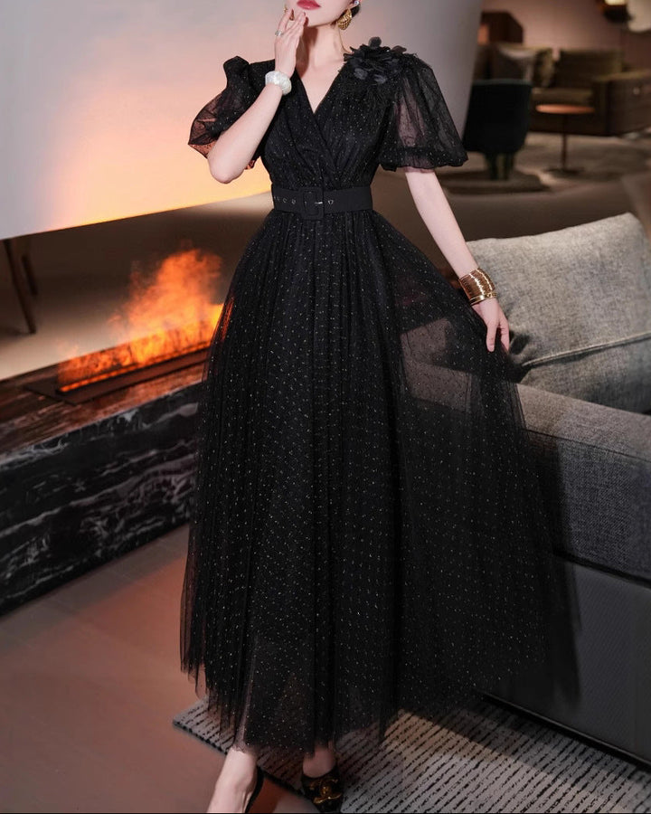 belted tulle wrap dress with flutter sleeves – ESMÉE