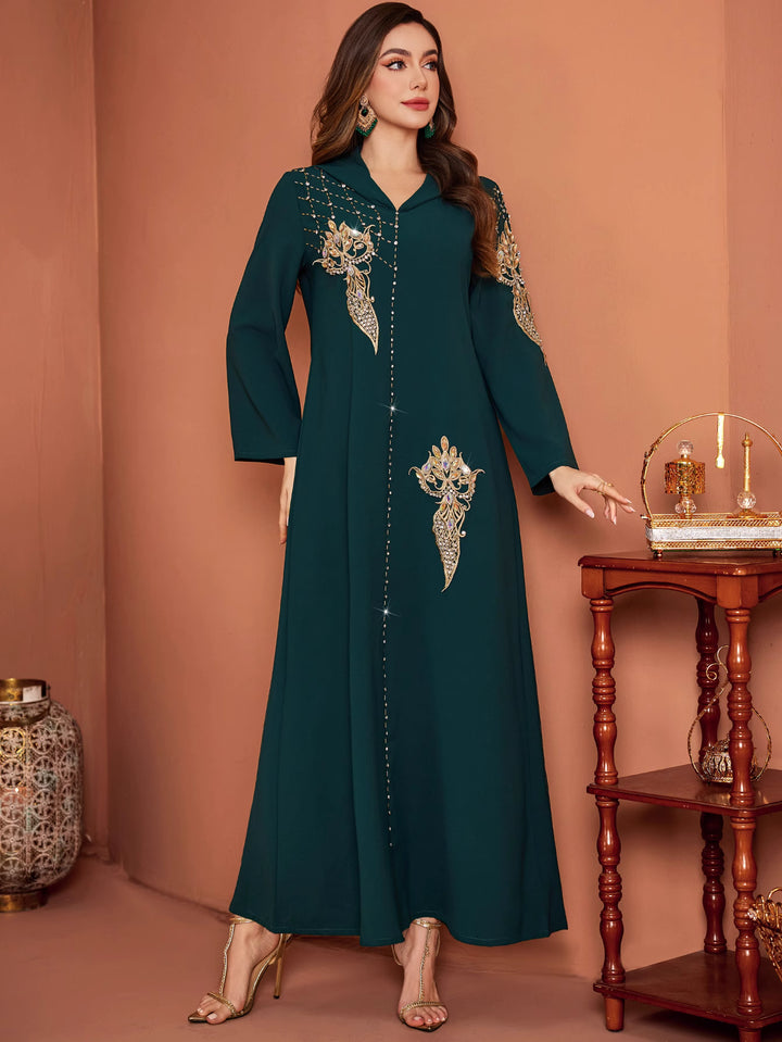 flared sleeve kaftan dress with embellished appliqués - AMIRZANU