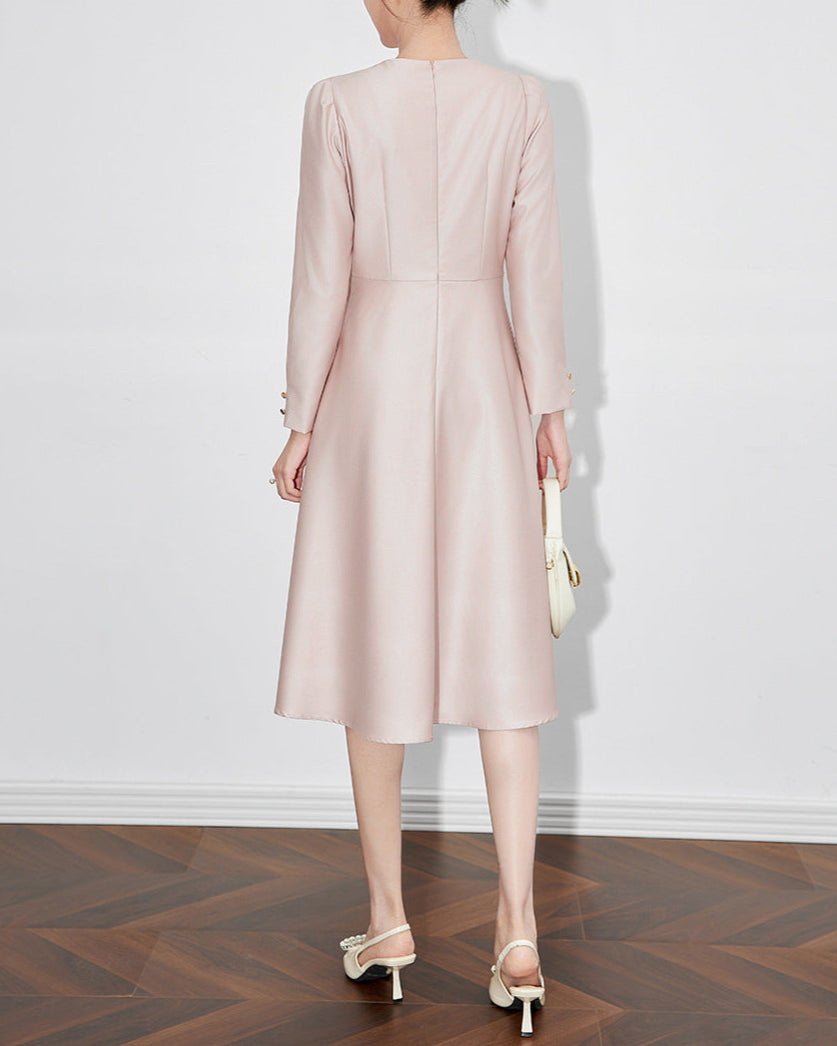 long-sleeve fit-and-flare midi dress with waist draping - NOELLE