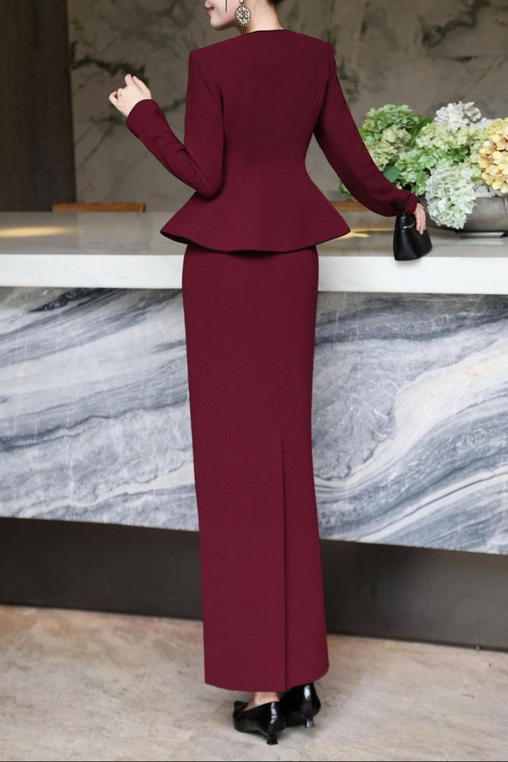 peplum skirt suit with contrast piping – NOIRE