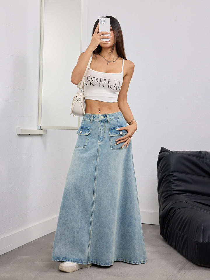 denim maxi skirt with front flap pockets – SIENNA