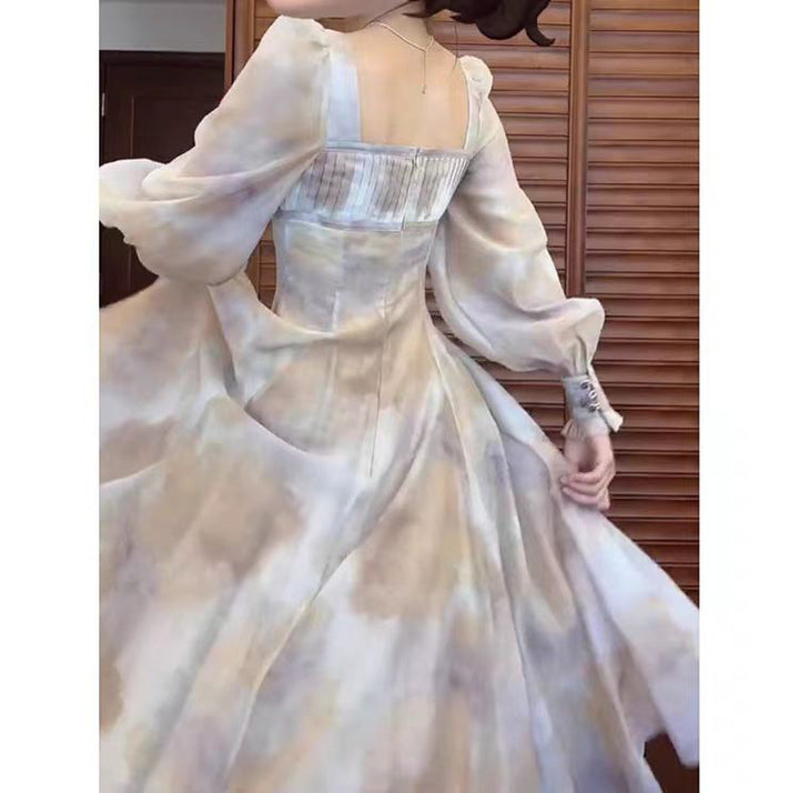 Corset-style midi dress with ruffled neckline and puff sleeves – LUMERA