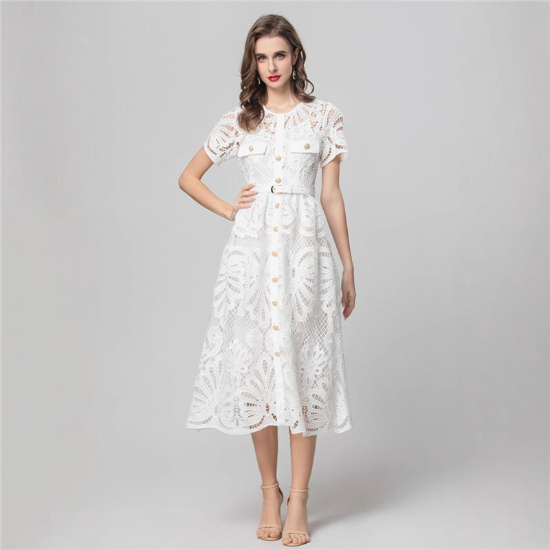 short-sleeve lace midi dress with belt – SERENA