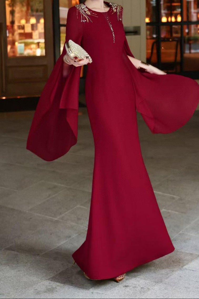 cape-sleeve mermaid dress with embellished shoulders – ROSABELLE