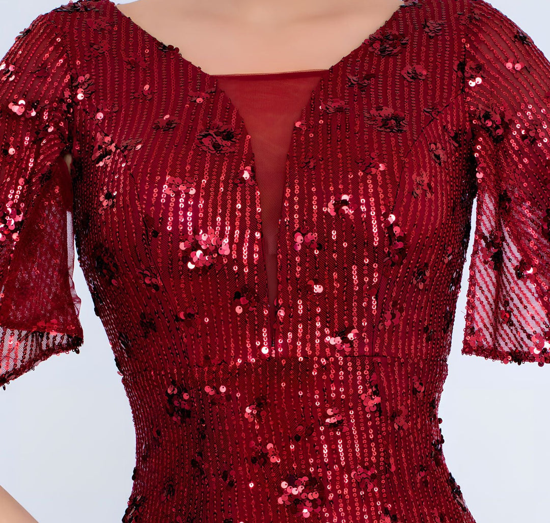 فستان حورية البحر مزين بالترتر بأكمام منفوخة منقسمة – فيفياناتشي