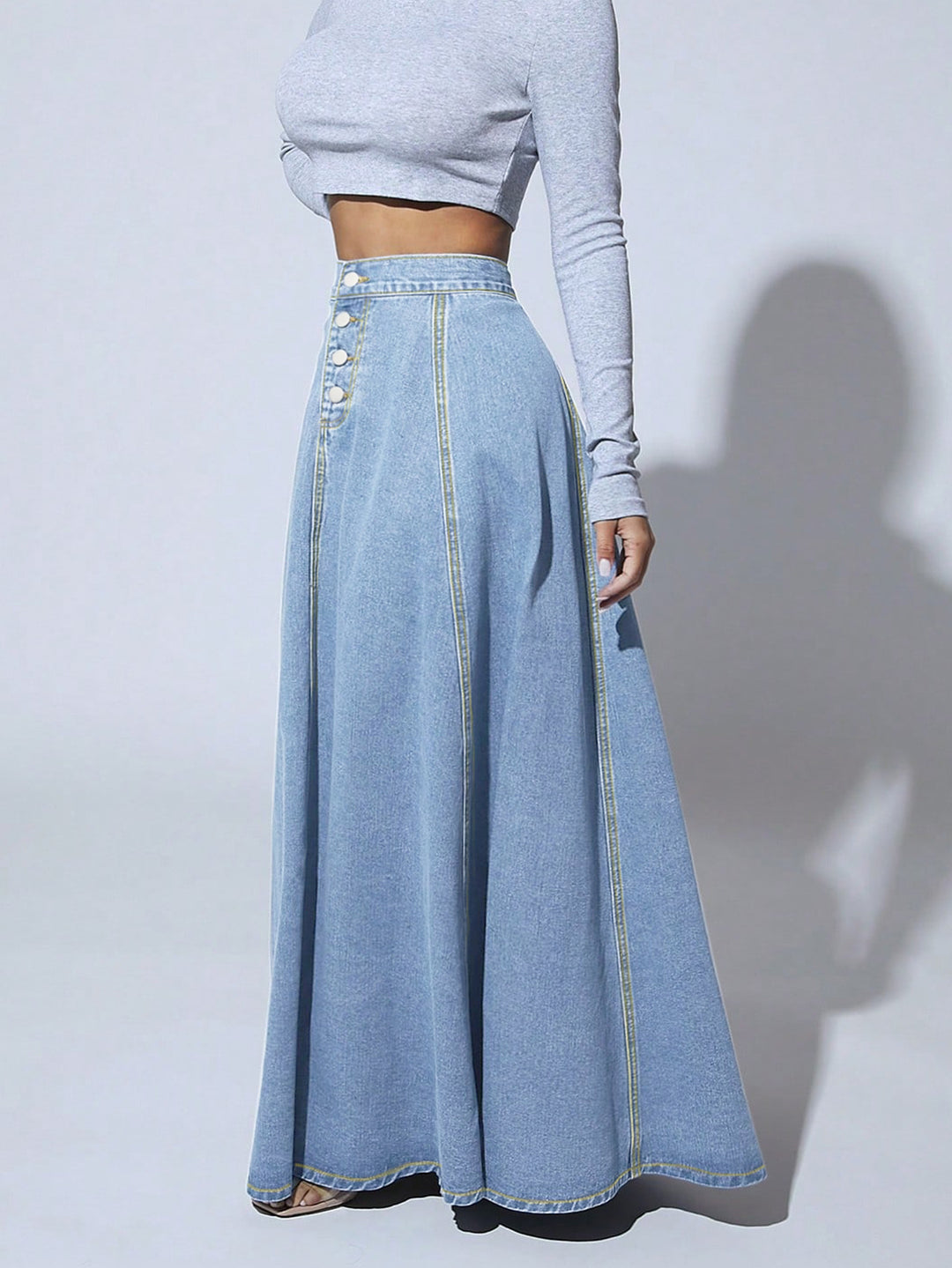 high-waist flared denim maxi skirt with front buttons – MAYA