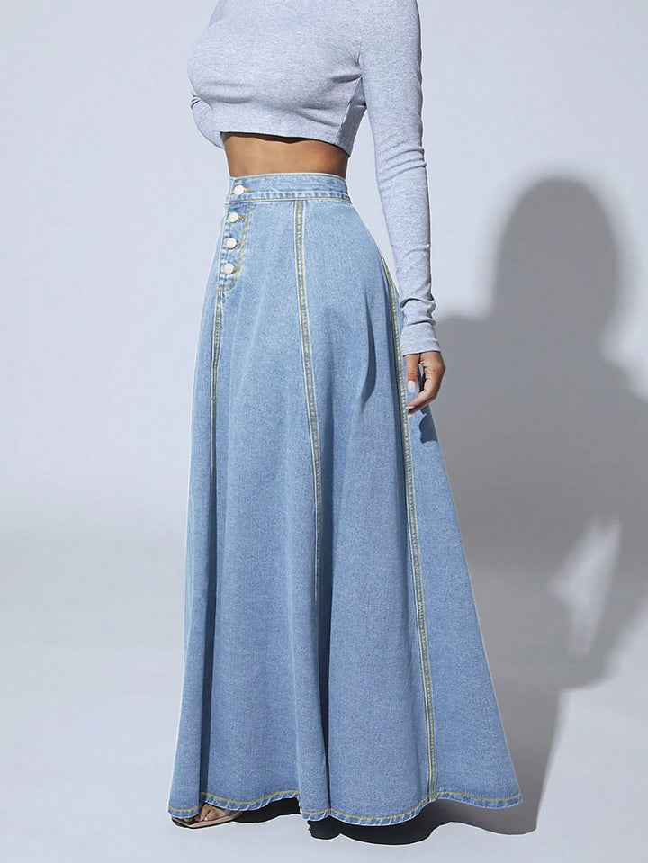 high-waist flared denim maxi skirt with front buttons – MAYA