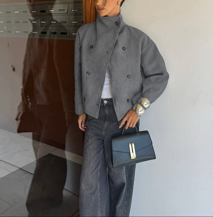 high-collar double-breasted wool jacket with structured sleeves – DALIA