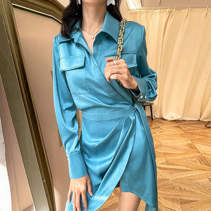 satin wrap shirt dress with utility pockets – IRIS