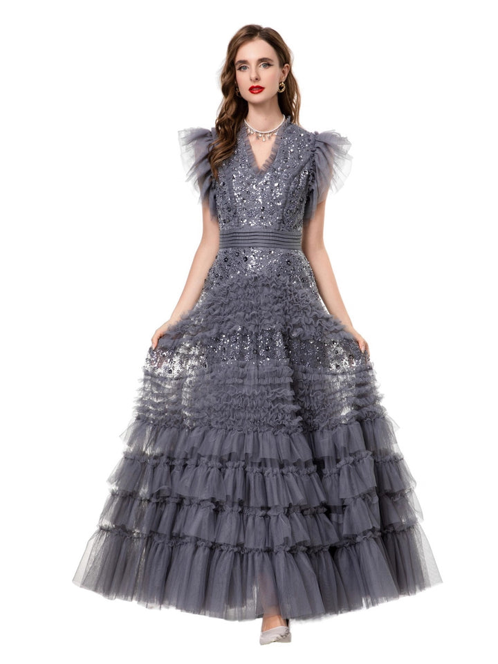 tiered tulle gown with sequin bodice and ruffled sleeves – CELESTE