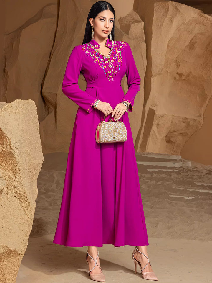 Embroidered V-Neck Maxi Dress with Long Sleeves – AMARIS