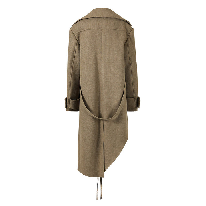 Asymmetric Long Trench Coat with Metallic Lapel – AURELIA