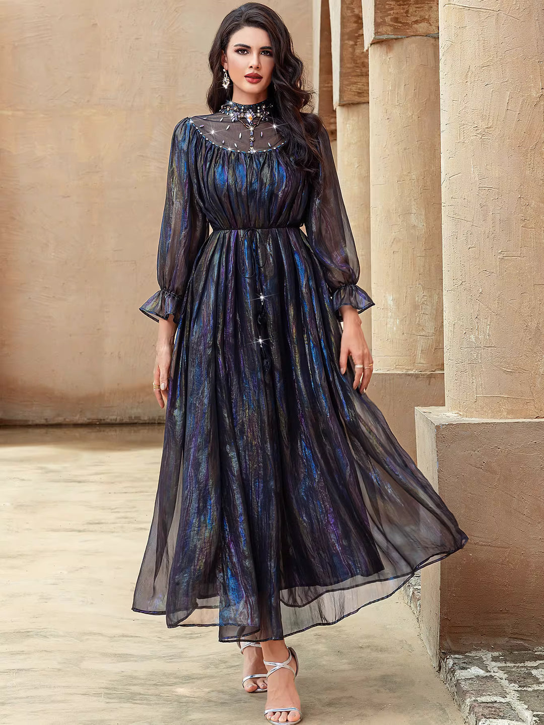 Shimmered Midi Dress with Beaded High Neck – NOCTURNA