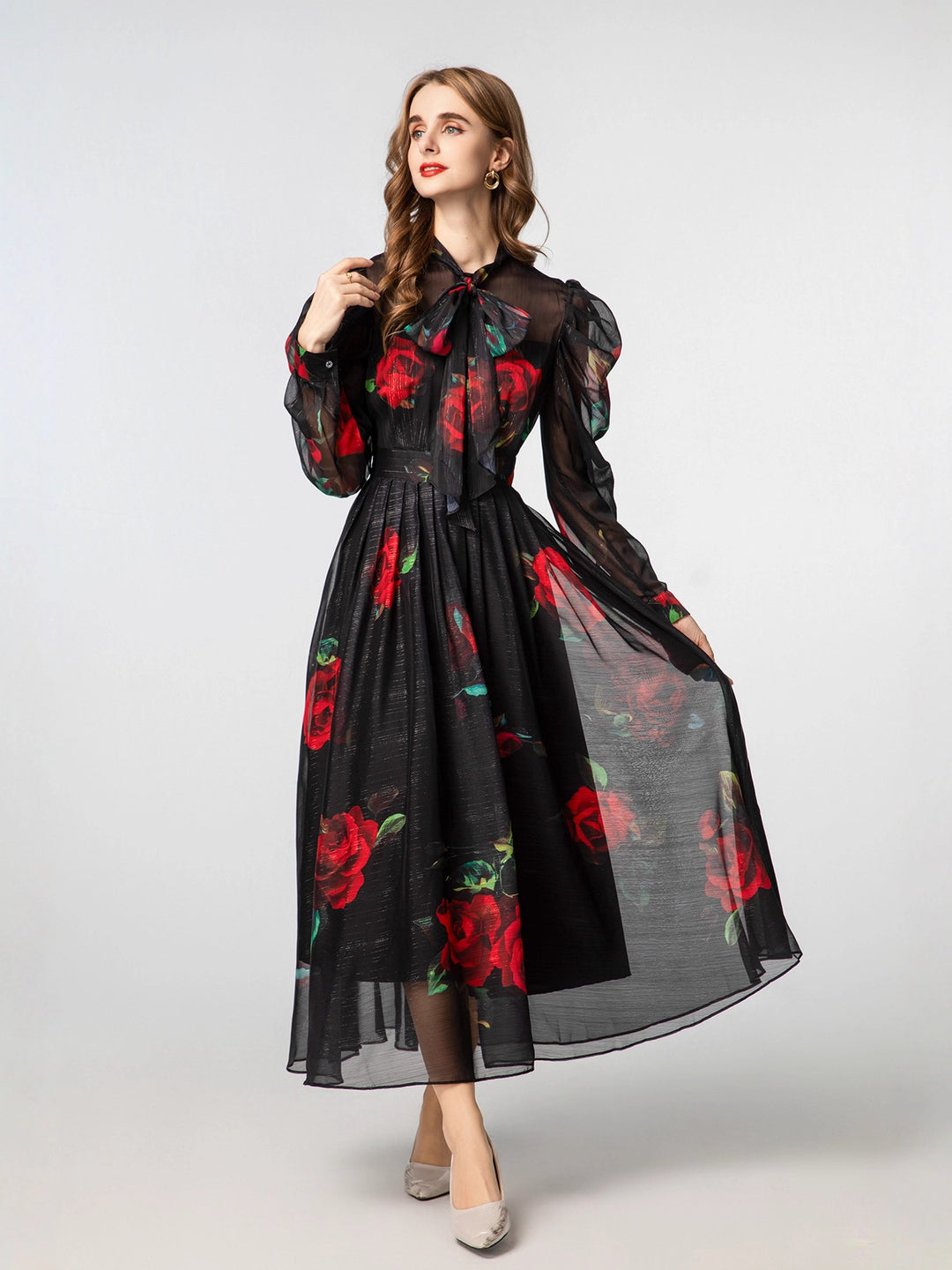 sheer organza dress with red rose print – VERONA