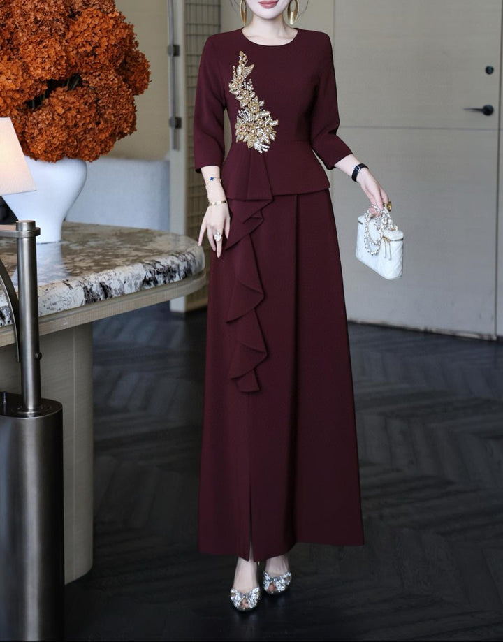 embellished peplum dress with cascading ruffle skirt – NOIR