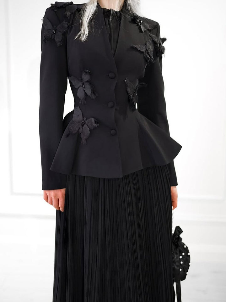 تنورة ماكسي مطوية مع سترة ثلاثية الأبعاد بنقشة الفراشة – أزرق سماوي