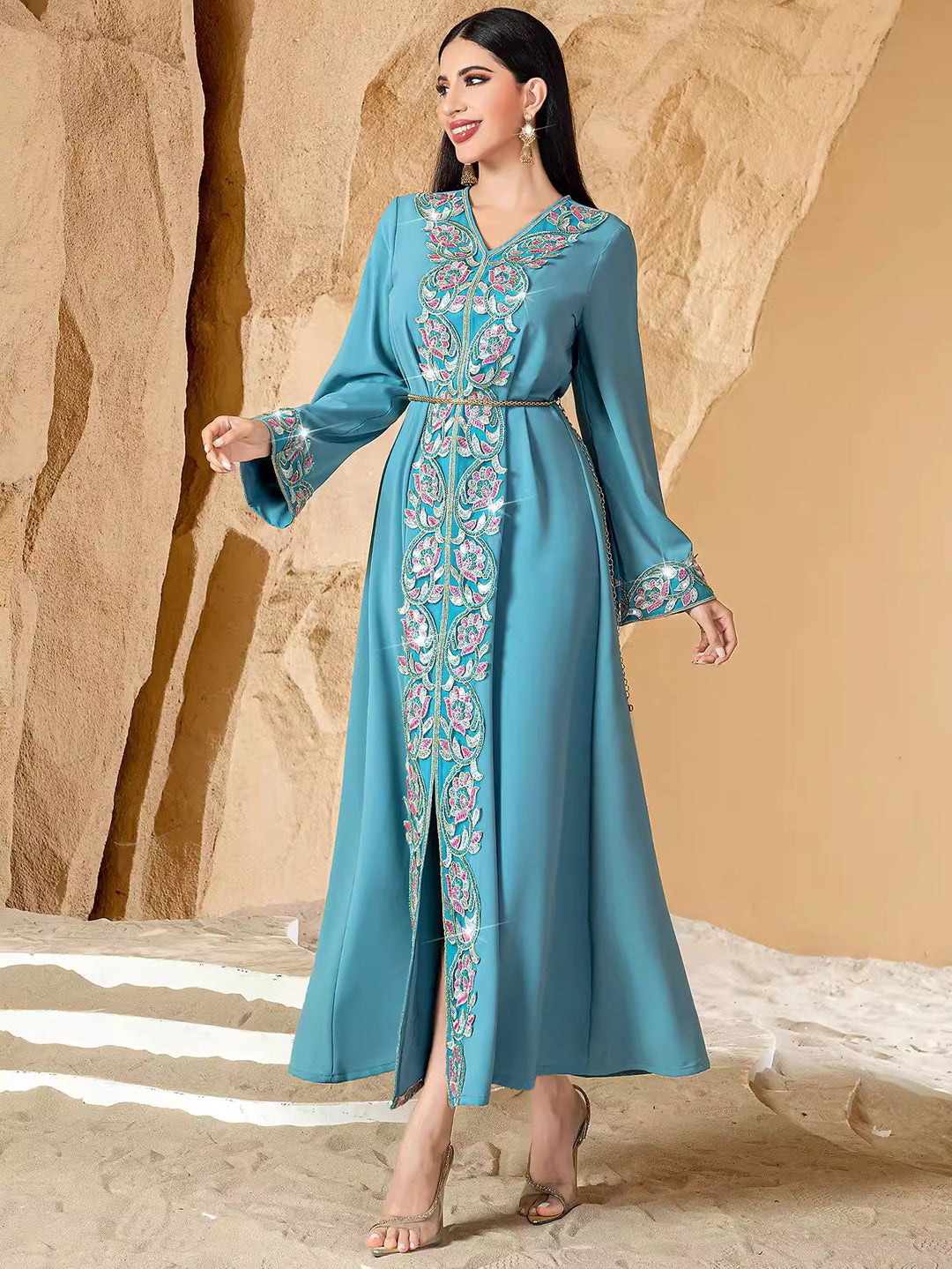 فستان ميدي غير متماثل بأكمام طويلة وياقة عالية - لون الزمرد