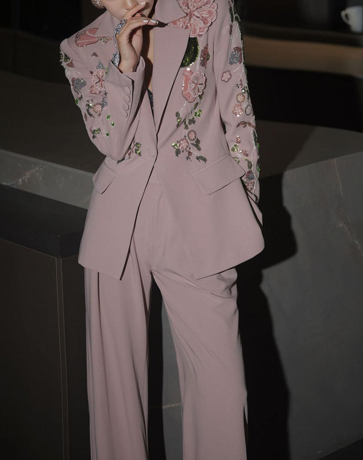 embroidered tailored blazer set with wide-leg pants – BLUSH ROSE