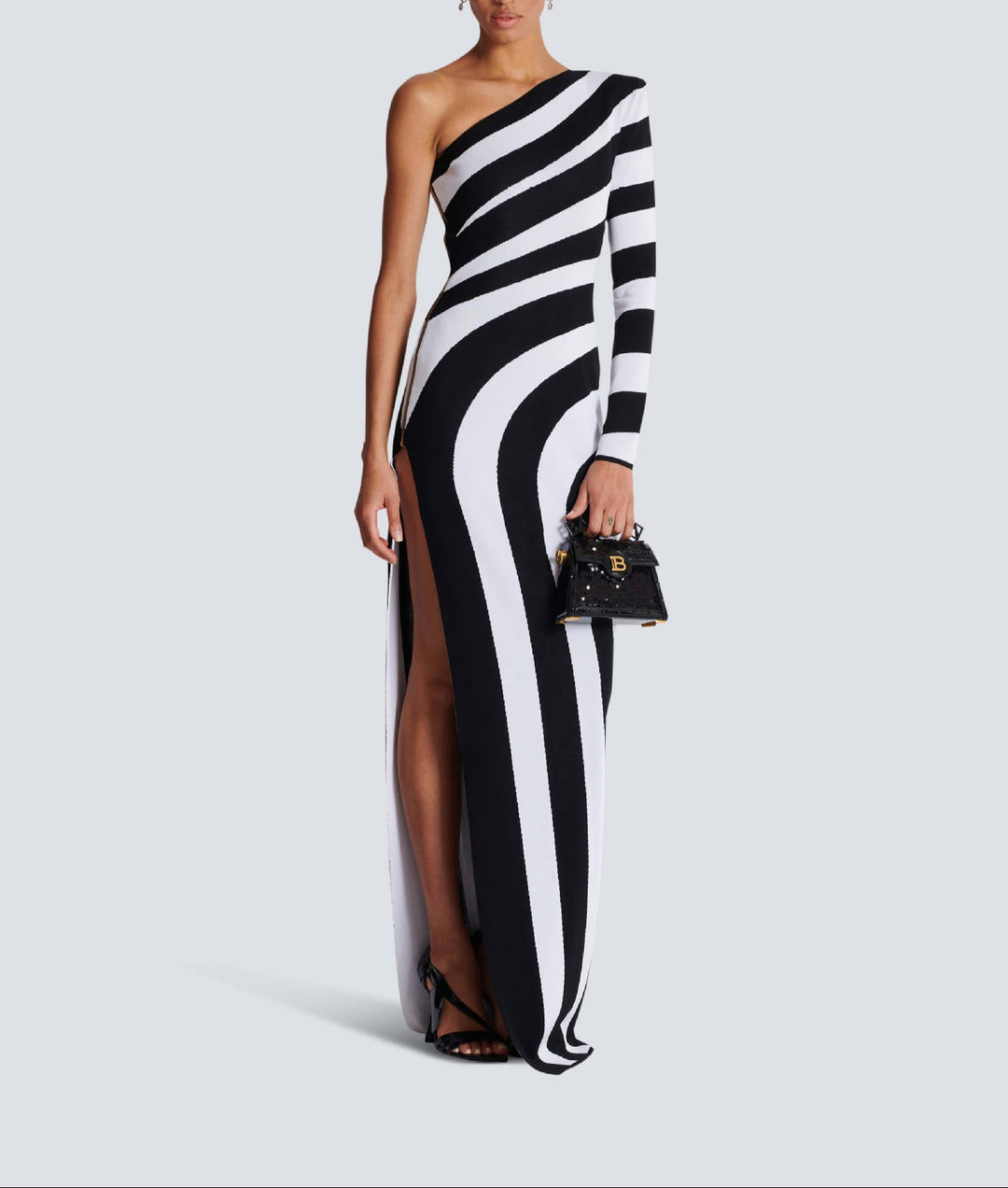 One-shoulder bodycon dress with bold swirl stripes
