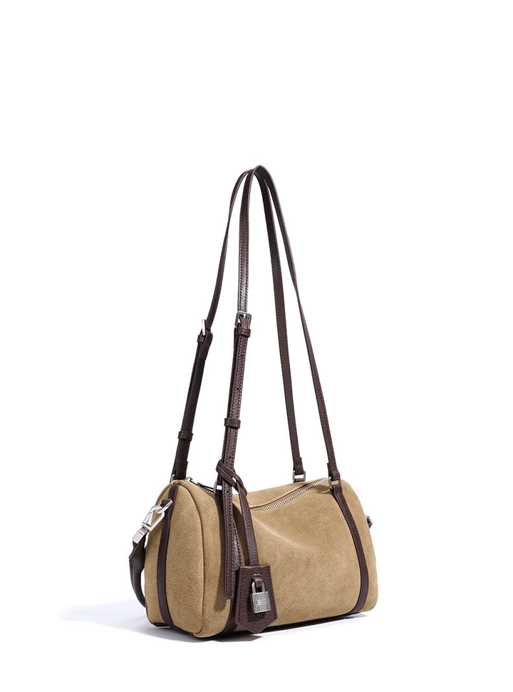 suede shoulder bag with leather trim and lock charm – ALBALI