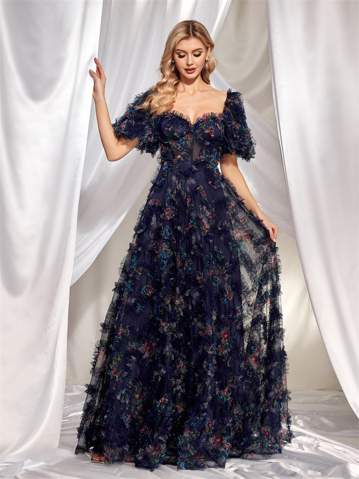 off-shoulder floral tulle gown with puff sleeves – NIGHT