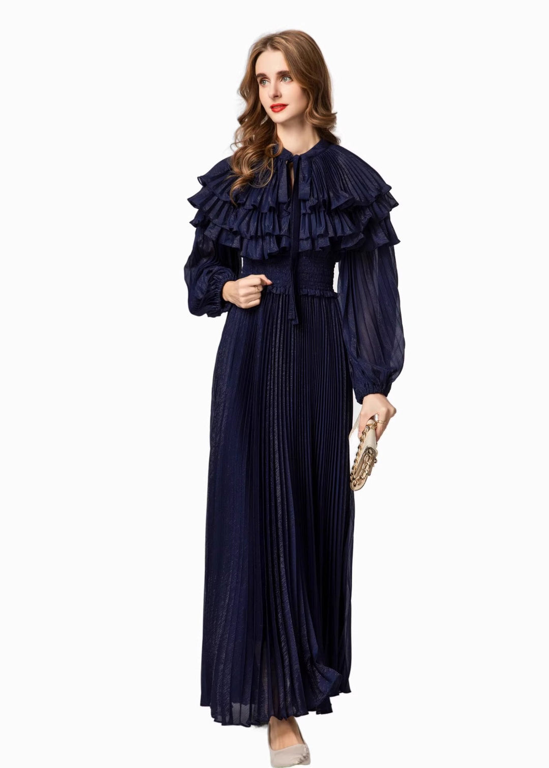 pleated chiffon maxi dress with layered ruffle collar – SERAPHINA