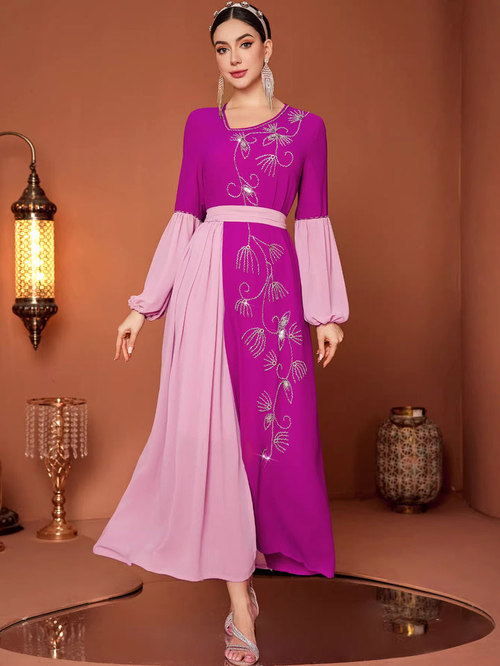 Embroidered Color-Block Maxi Dress with Chiffon Sleeves – VIOLETTE