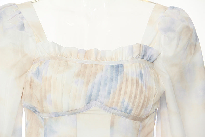 Corset-style midi dress with ruffled neckline and puff sleeves – LUMERA