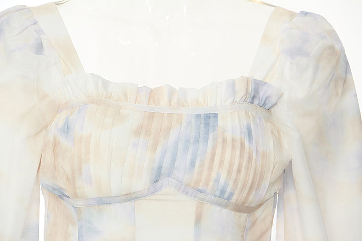 Corset-style midi dress with ruffled neckline and puff sleeves – LUMERA