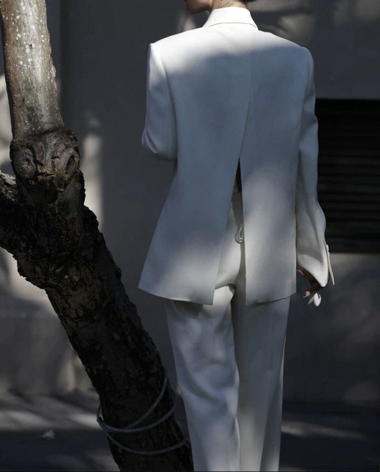 draped satin-detail blazer with wide-leg trousers – LUMIERA