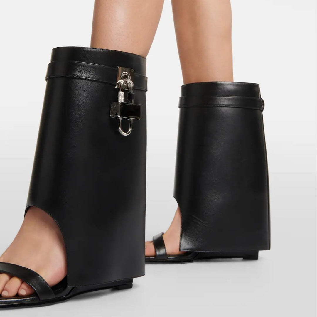open-toe leather wedge boots with padlock detail – LUXE VAULT
