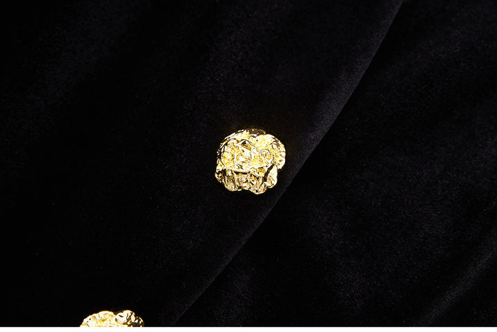 Tailored velvet blazer with gold statement buttons – OBSIDIAN