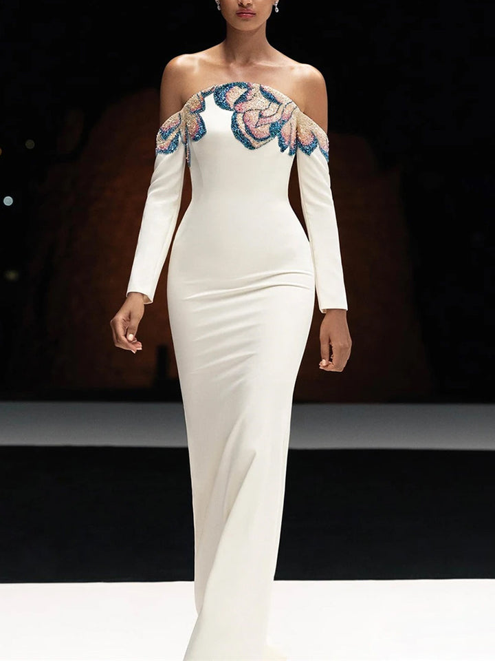 Off-Shoulder Column Dress with Embroidered Illusion Neckline – SERAPHINE