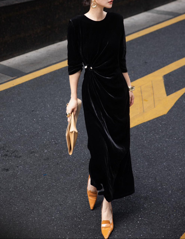 velvet draped column dress with side twist – MIDNIGHT