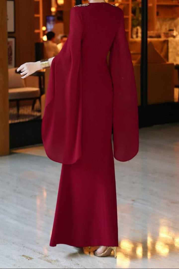 cape-sleeve mermaid dress with embellished shoulders – ROSABELLE