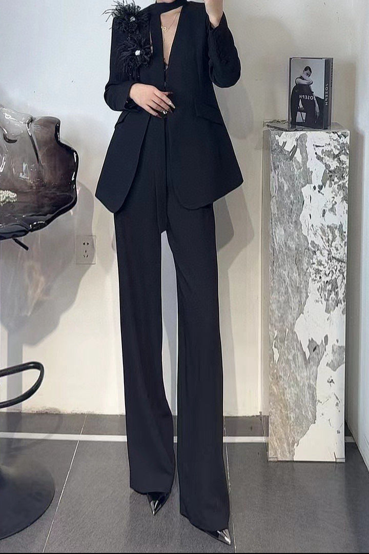 tailored wide-leg suit with floral shoulder accent – LIMEA