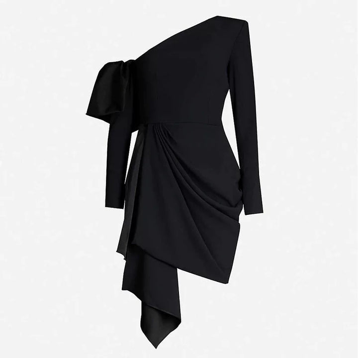 Black One-Shoulder Draped Mini Dress – Noirelle