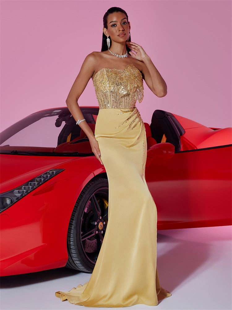 strapless satin gown with embellished bodice – AURELIA